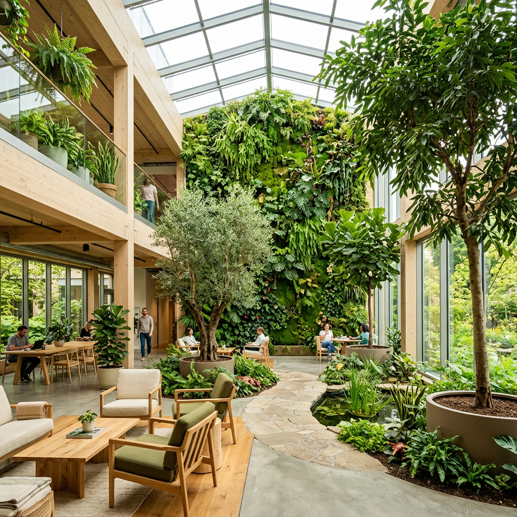 Indoor workspace with large plants, wooden furniture, and a vertical garden wall