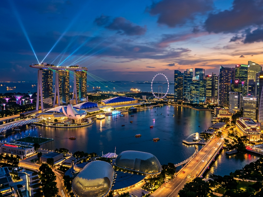 Singapore Marina Bay skyline with Marina Bay Sands, waterfront, and city lights