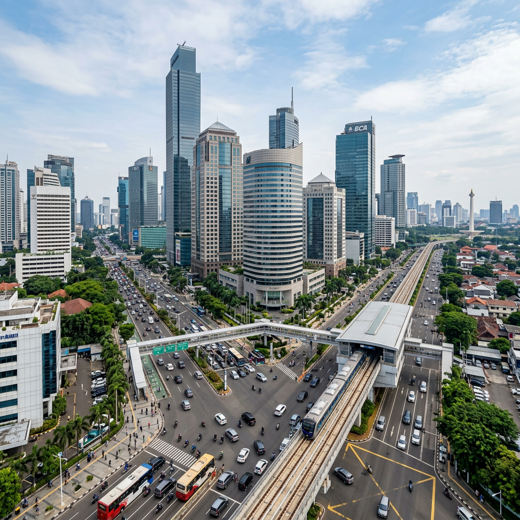 Jakarta skyline with BCA tower, busy highways, and elevated train
