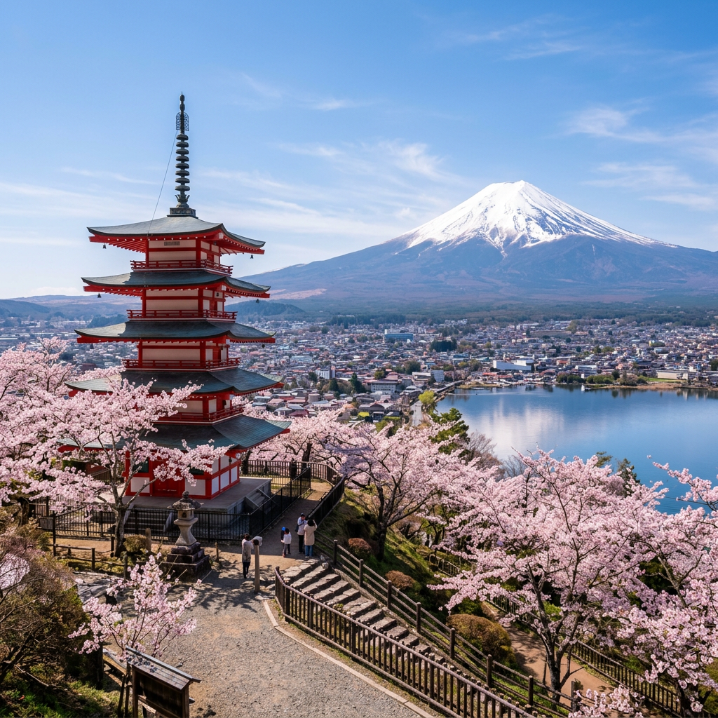 Chureito Pagoda, cherry blossoms, Lake Kawaguchi, and snow-capped Mount Fuji